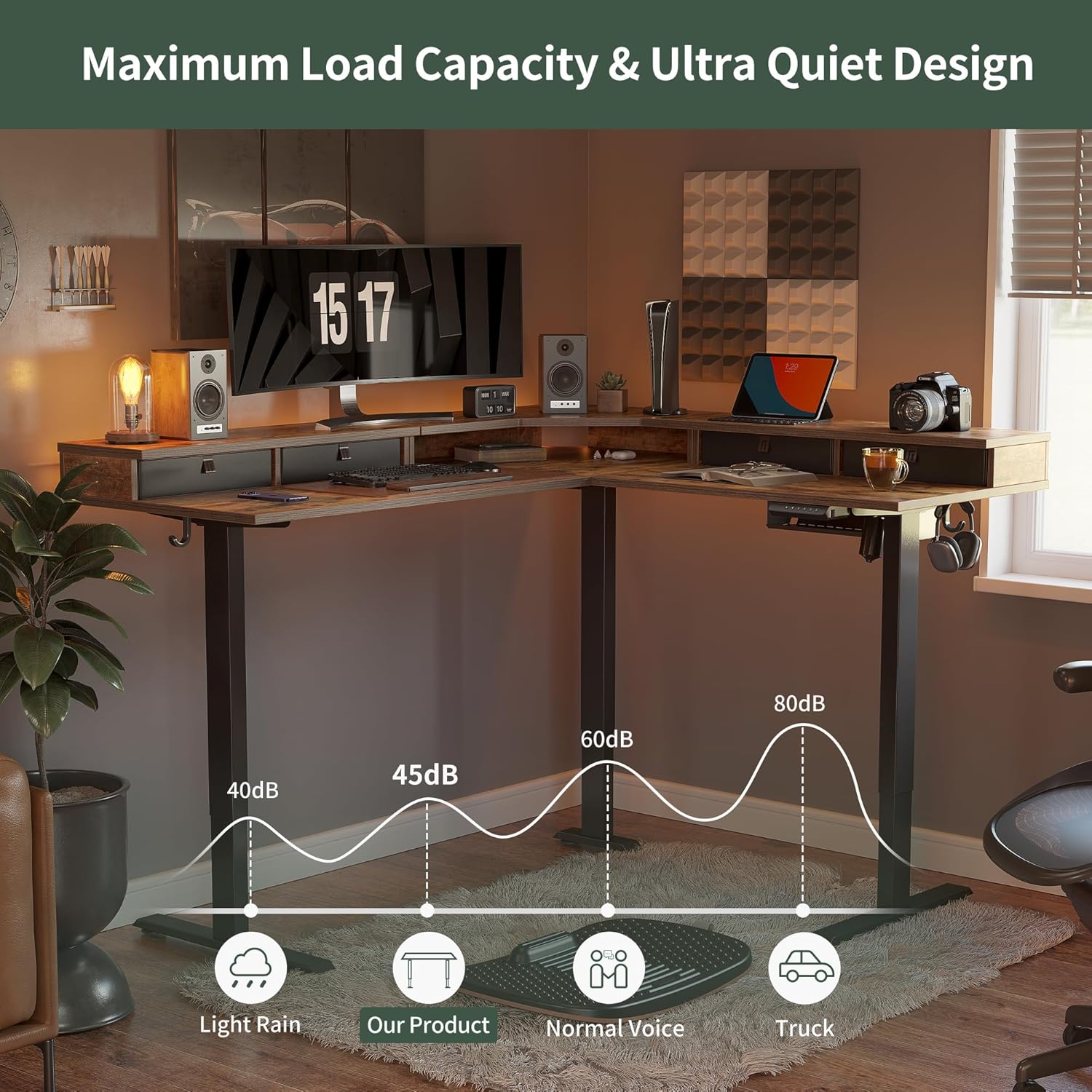 63" L Shaped Standing Desk with Drawers, Electric Adjustable Height Standing Gaming Desk L Shape