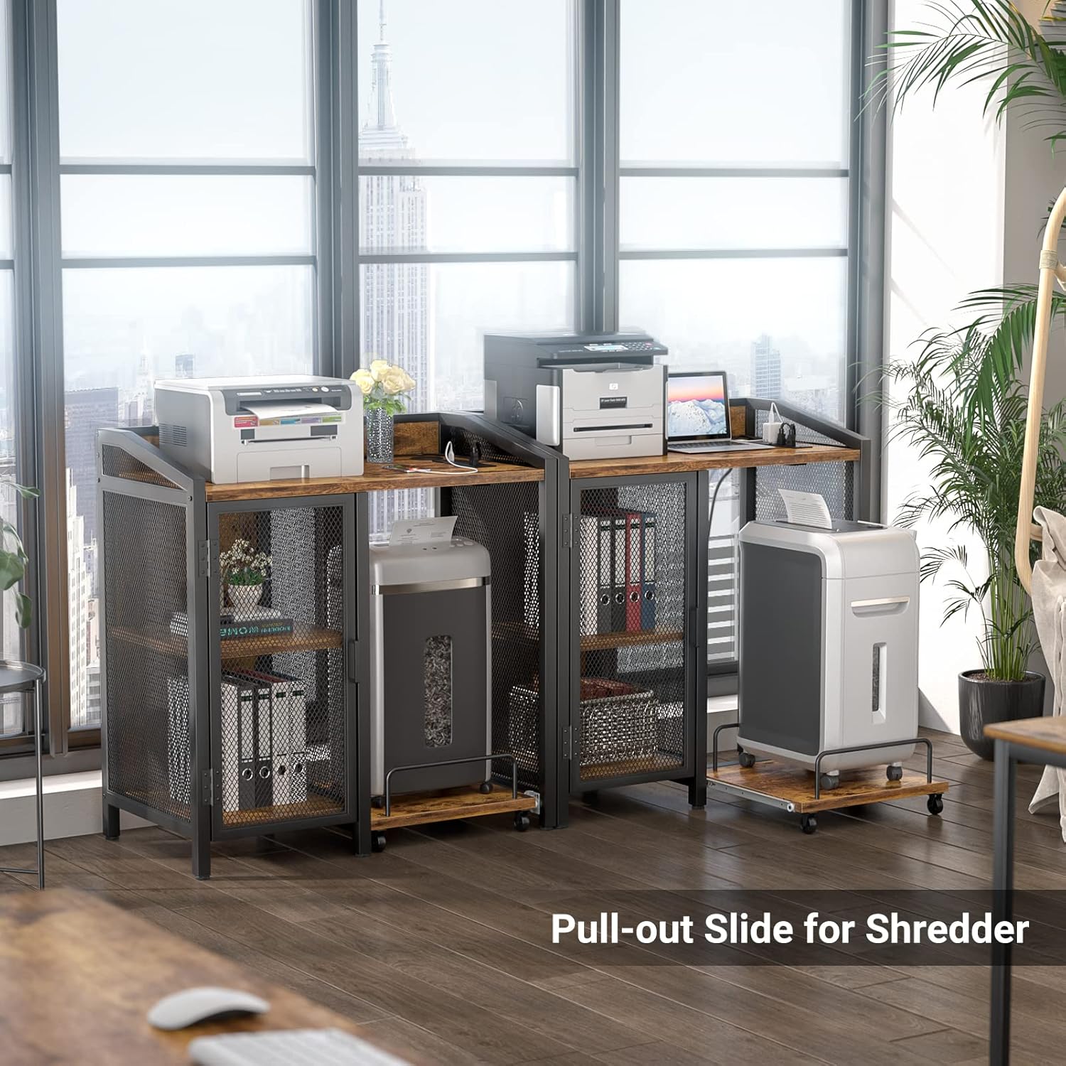 3-Tier Lateral Office Filing Cabinets with Socket and USB Charging Port, Modern Printer Stand and Paper Shredder Stand Rack