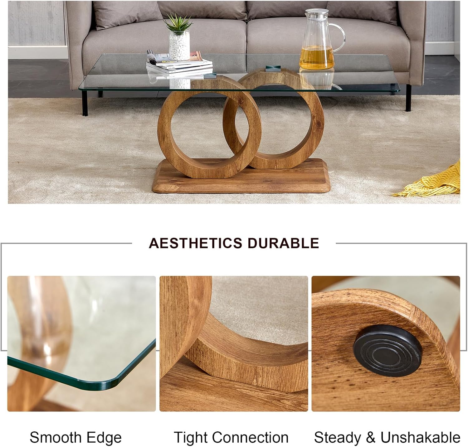 Wood Coffee Table, Coffee Table with Tempered Glass Top, Coffee Table with OO Structure and MDF Base