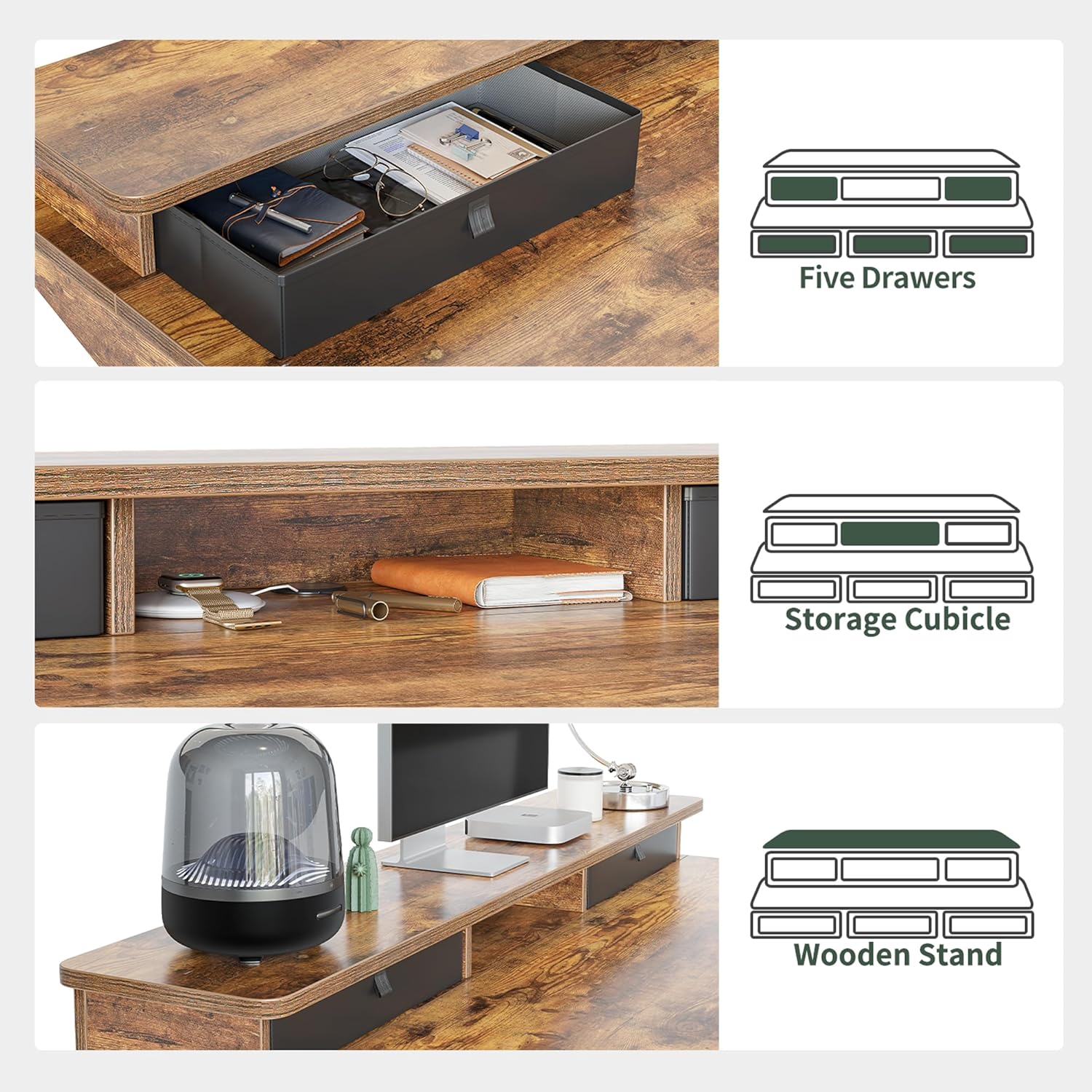 Height Adjustable Electric Standing Desk with 5 Drawers, 55 x 24 Inch Table with Storage Shelf