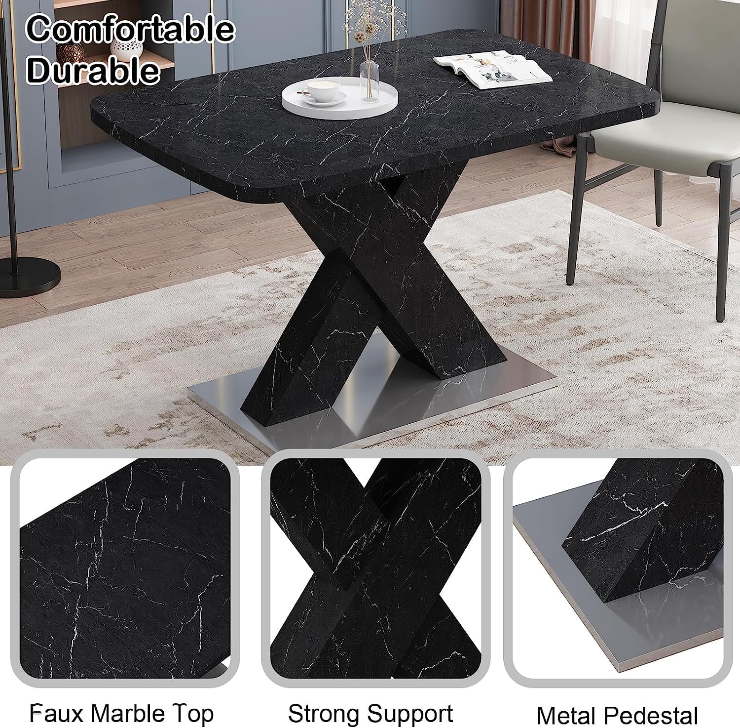 47.24"-62.99" Black Dining Table, Rectangular Stretchable Modern Dining Table
