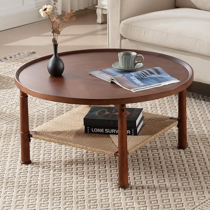 Round Wood Coffee Table for Living Room, Oak Wooden 2 Tier Circle Coffee Table