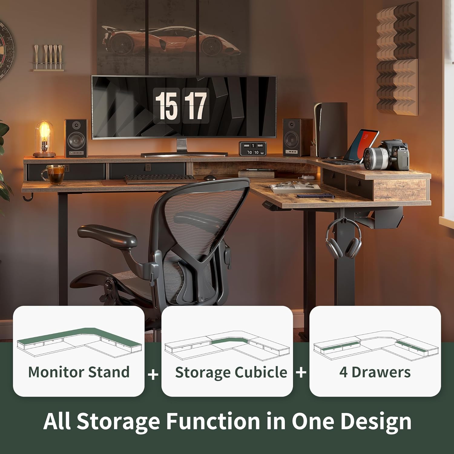 63" L Shaped Standing Desk with Drawers, Electric Adjustable Height Standing Gaming Desk L Shape