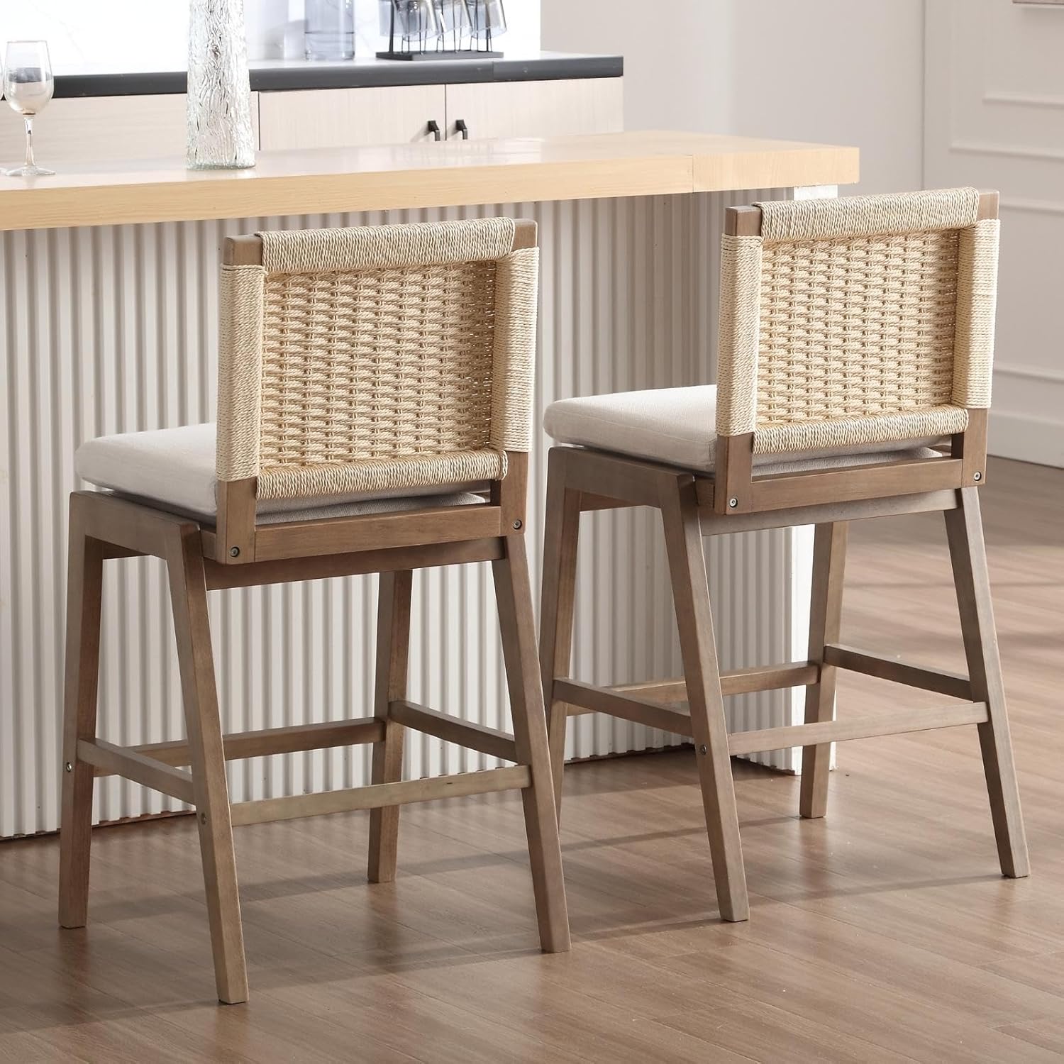 Modern Bar Stools Set of 2, 27" Counter Height Barstools with Woven Back