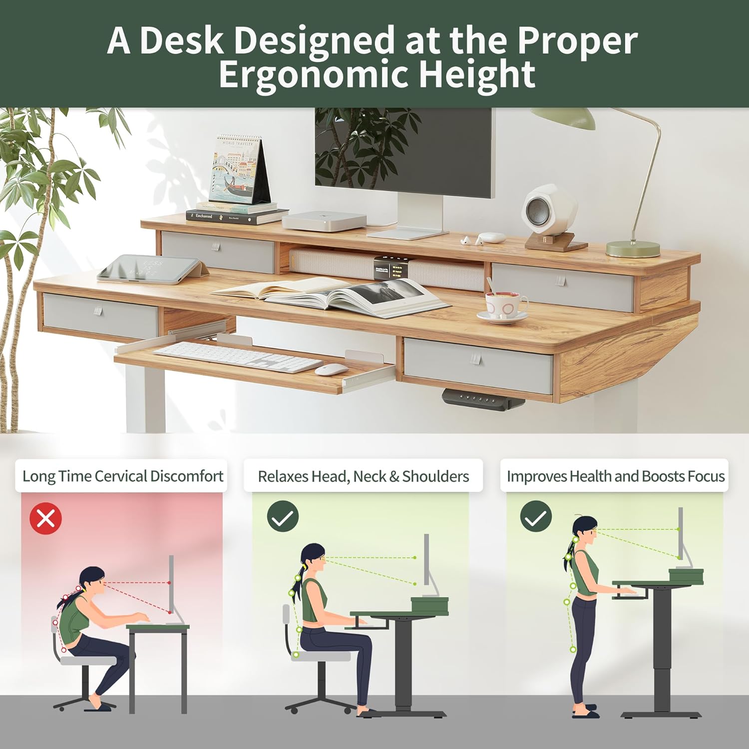 Height Adjustable Electric Standing Desk with 4 Drawers and Keyboard Tray, 55 x 24 Inch Table with Storage Shelf