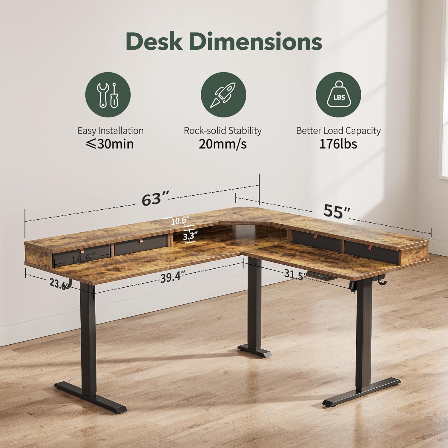 63" L Shaped Standing Desk with Drawers, Electric Adjustable Height Standing Gaming Desk L Shape