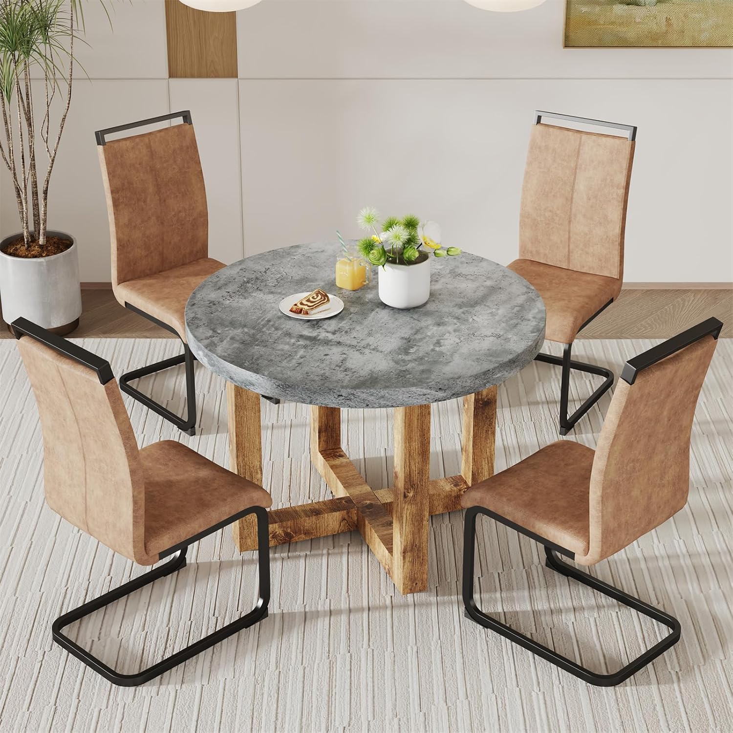 Round Dining Table Set for 4, Farmhouse Kitchen Table Small 42 Inch Dinner Table Wood Round Coffee Table