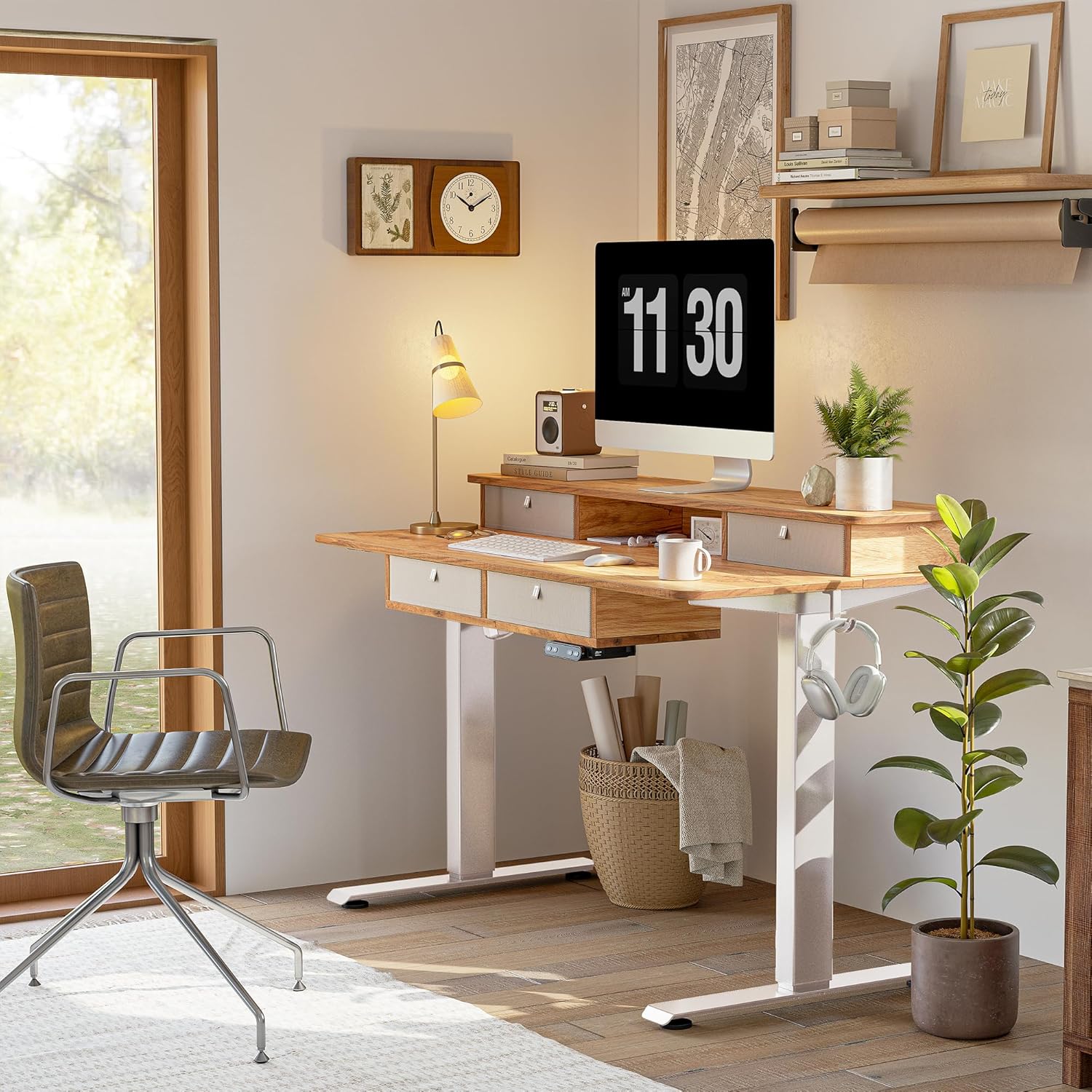 Sturdy Height Adjustable Electric Standing Desk with Drawers, 55 x 24 Inch Stand Up Table with Large Storage Shelf