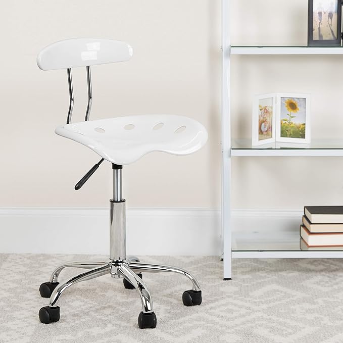 White and Chrome Swivel Task Office Chair with Tractor Seat
