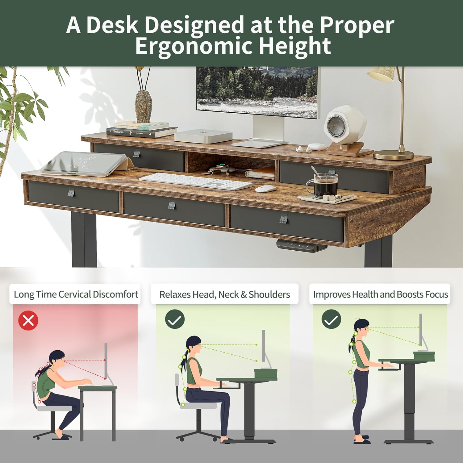Height Adjustable Electric Standing Desk with 5 Drawers, 55 x 24 Inch Table with Storage Shelf