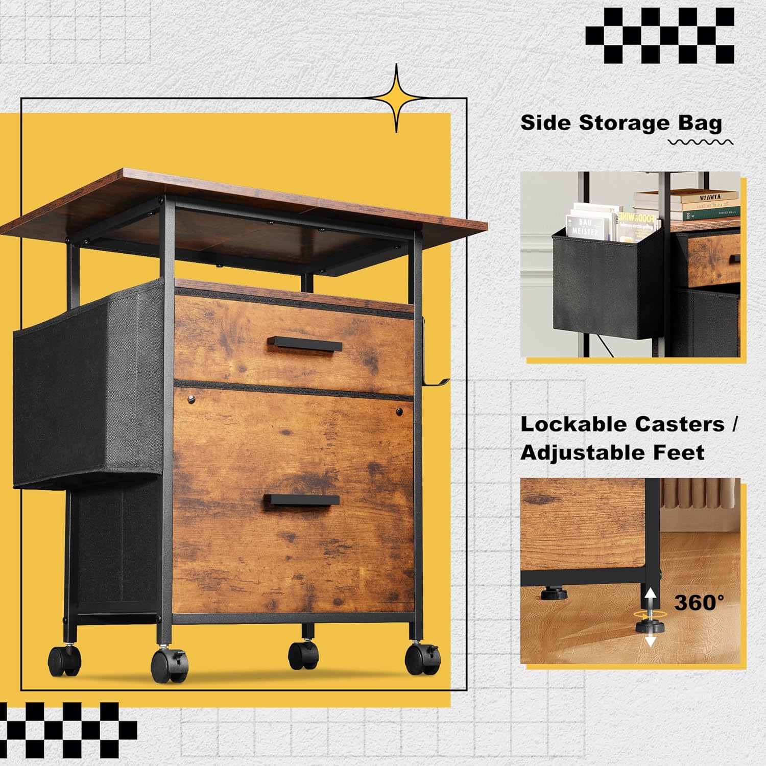 File Cabinet Printer Stand, Mobile Filing Cabinet with 2 Storage Drawers, for Hanging A4, Letter Size File Folders