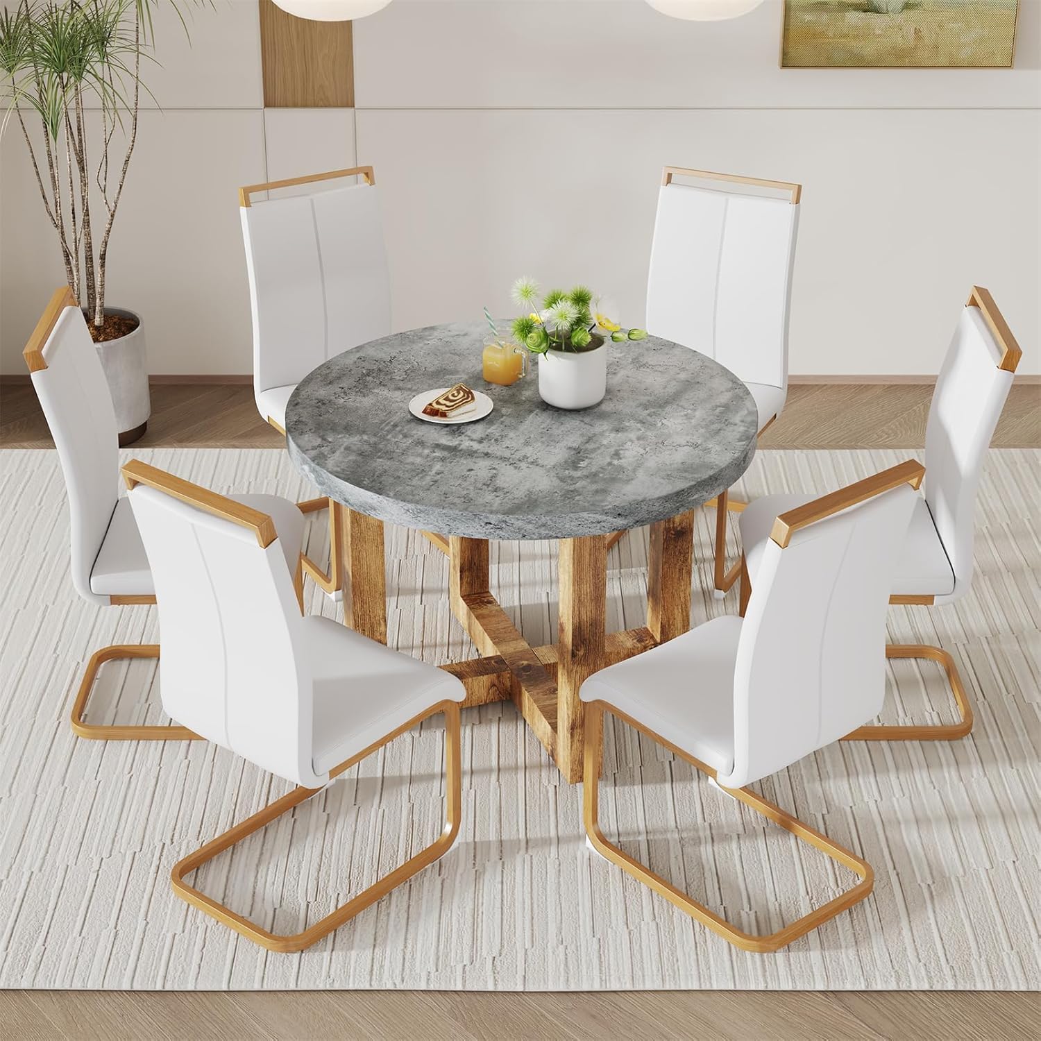 7-Piece Dining Table and Chair Set, Round Wooden Dining Set with Cushioned Chairs
