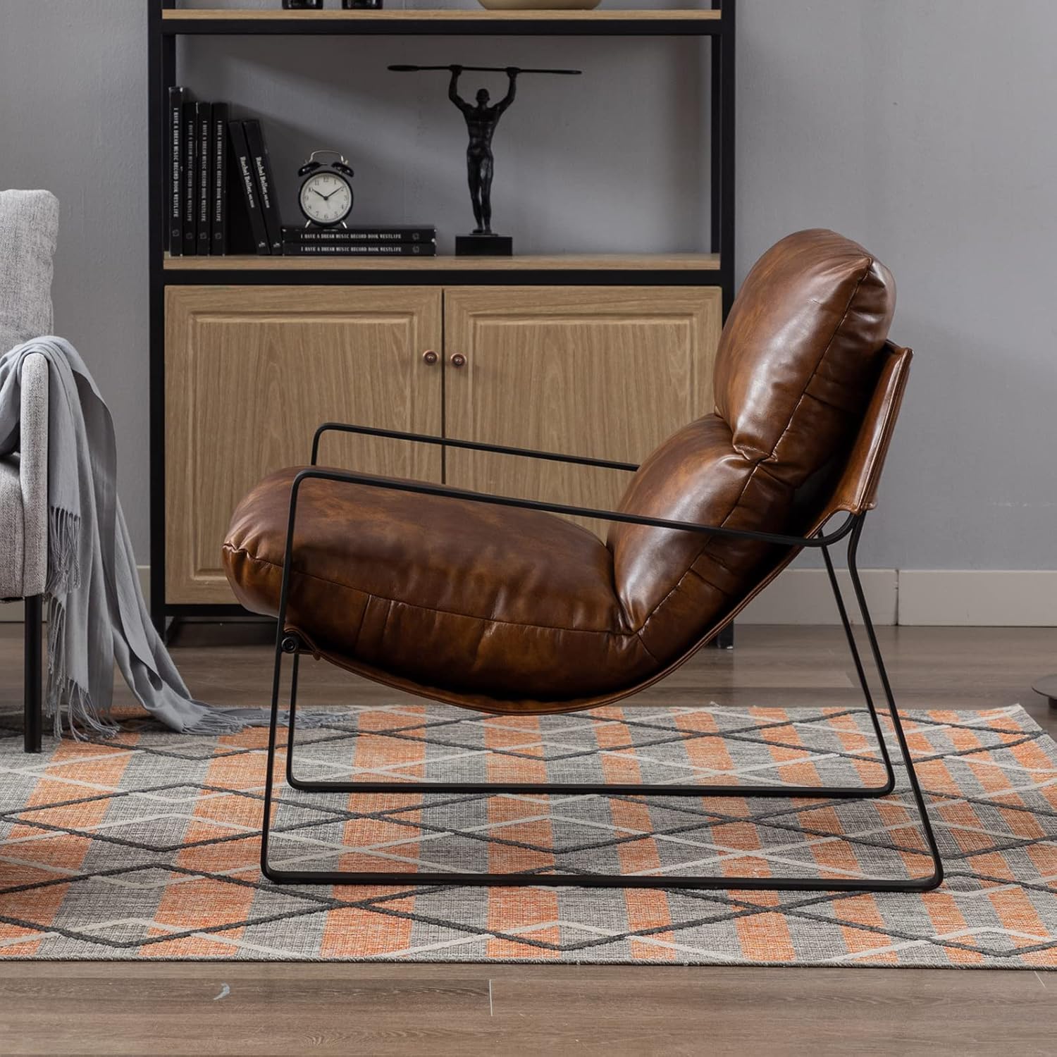 Mid-Century Accent Chair Armchair, Comfy PU Leather Leisure Chair Lazy Chair