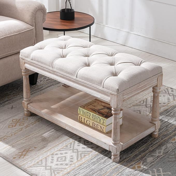 Farmhouse Tufted Storage Ottoman Bench with Shelf, 31.5" Width Linen Upholstered Entryway Shoe Ottoman