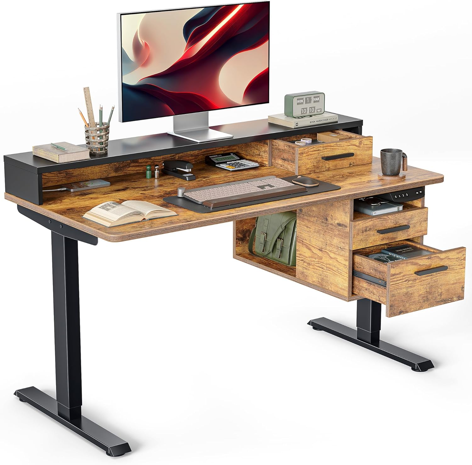 Whole-Piece Electric Standing Desk Adjustable Height with 3 Drawers, 48 x 24 inches Stand up Desk with Monitor Shelf