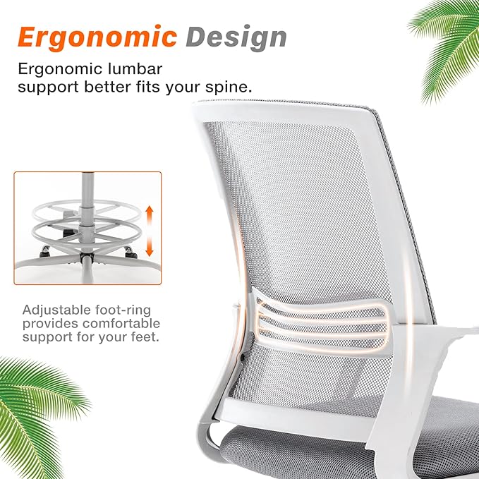 Mid-Back Mesh Tall Office Drafting Stool Chairs with Armrest for Standing Desk, Grey