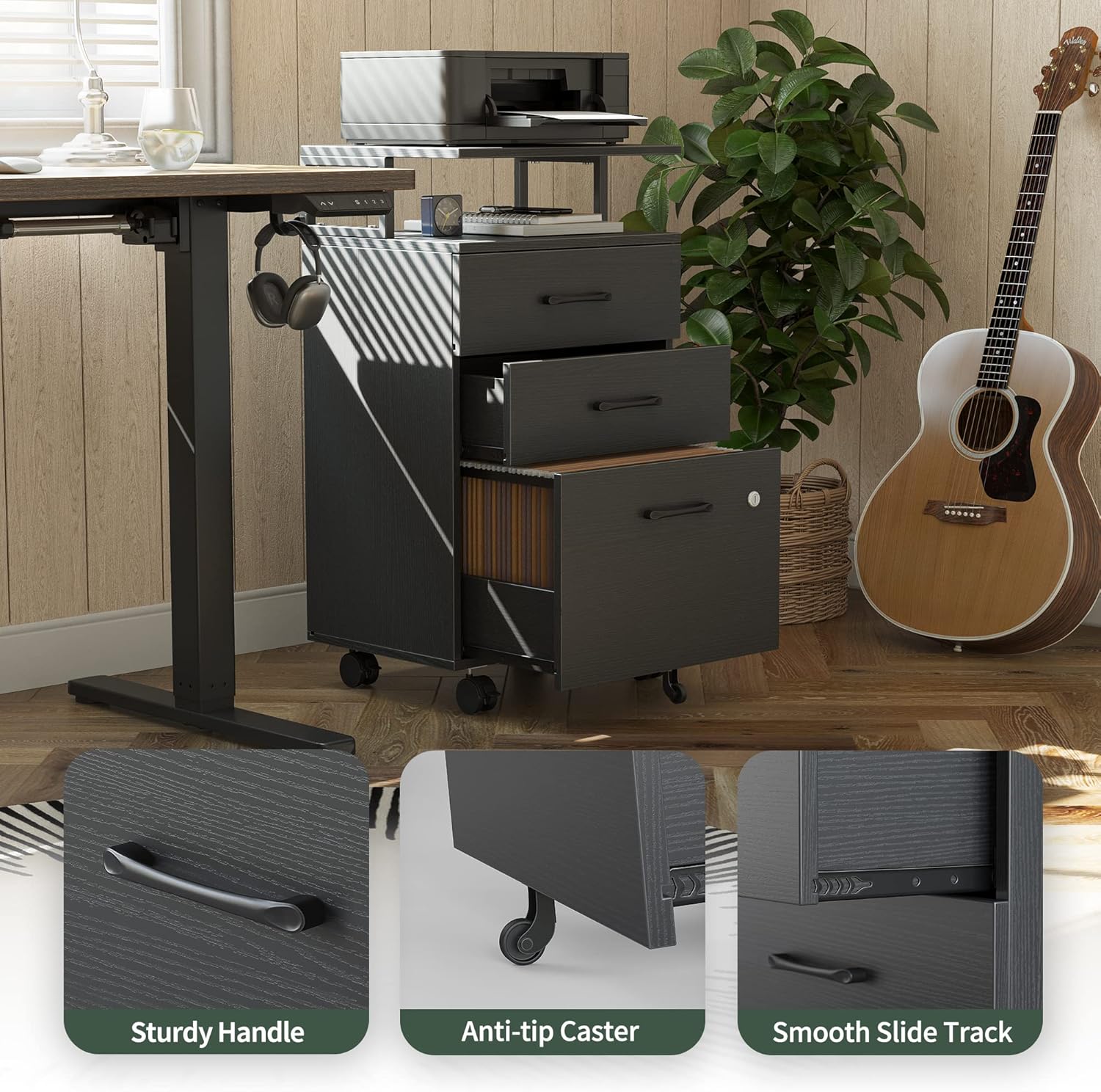 File Cabinet with Lock for Home Office, 3-Drawer Rolling Filing Cabinet, Home Office File Cabinet for A4/Letter/Legal Size