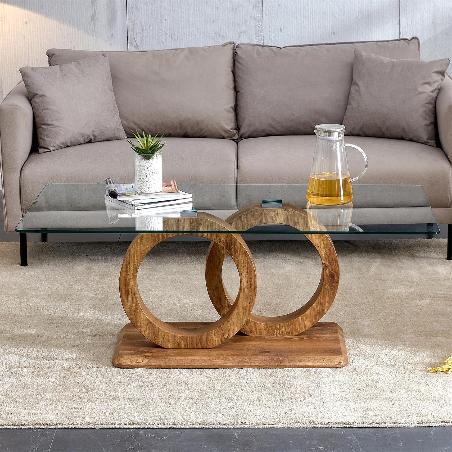 Wood Coffee Table, Coffee Table with Tempered Glass Top, Coffee Table with OO Structure and MDF Base
