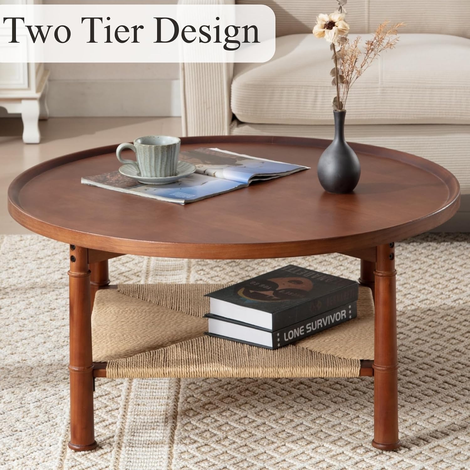 Round Wood Coffee Table for Living Room, Oak Wooden 2 Tier Circle Coffee Table