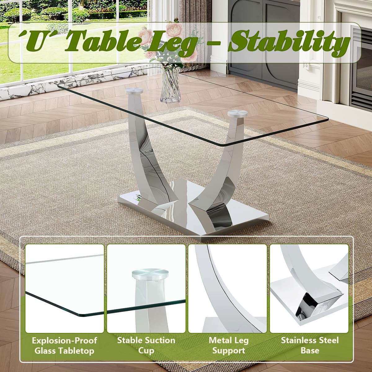 63'' Glass Dining Table Set for 4, Dining Room Table Set for 4