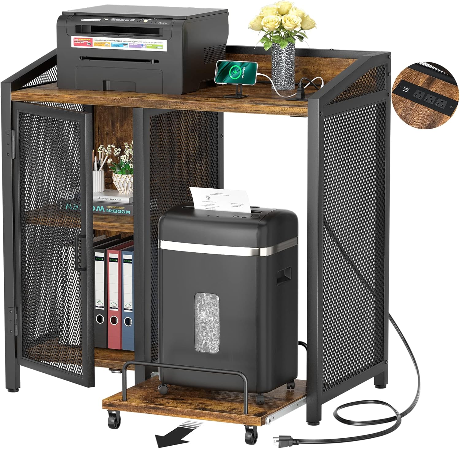 3-Tier Lateral Office Filing Cabinets with Socket and USB Charging Port, Modern Printer Stand and Paper Shredder Stand Rack