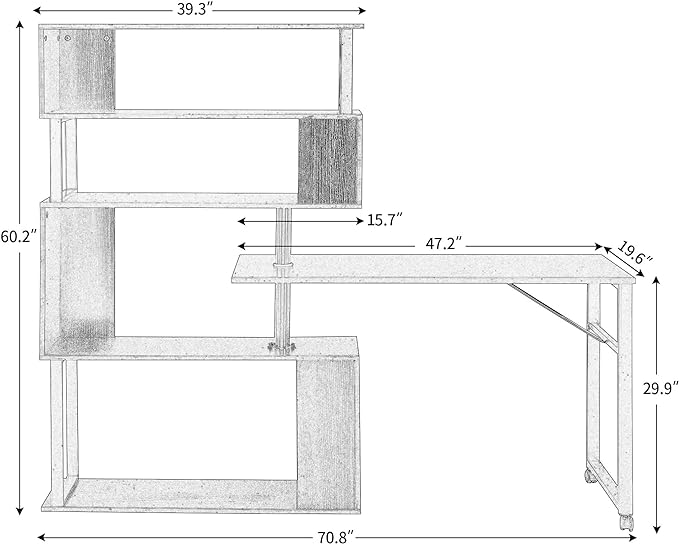 47" Rotating Computer Desk with Bookshelf