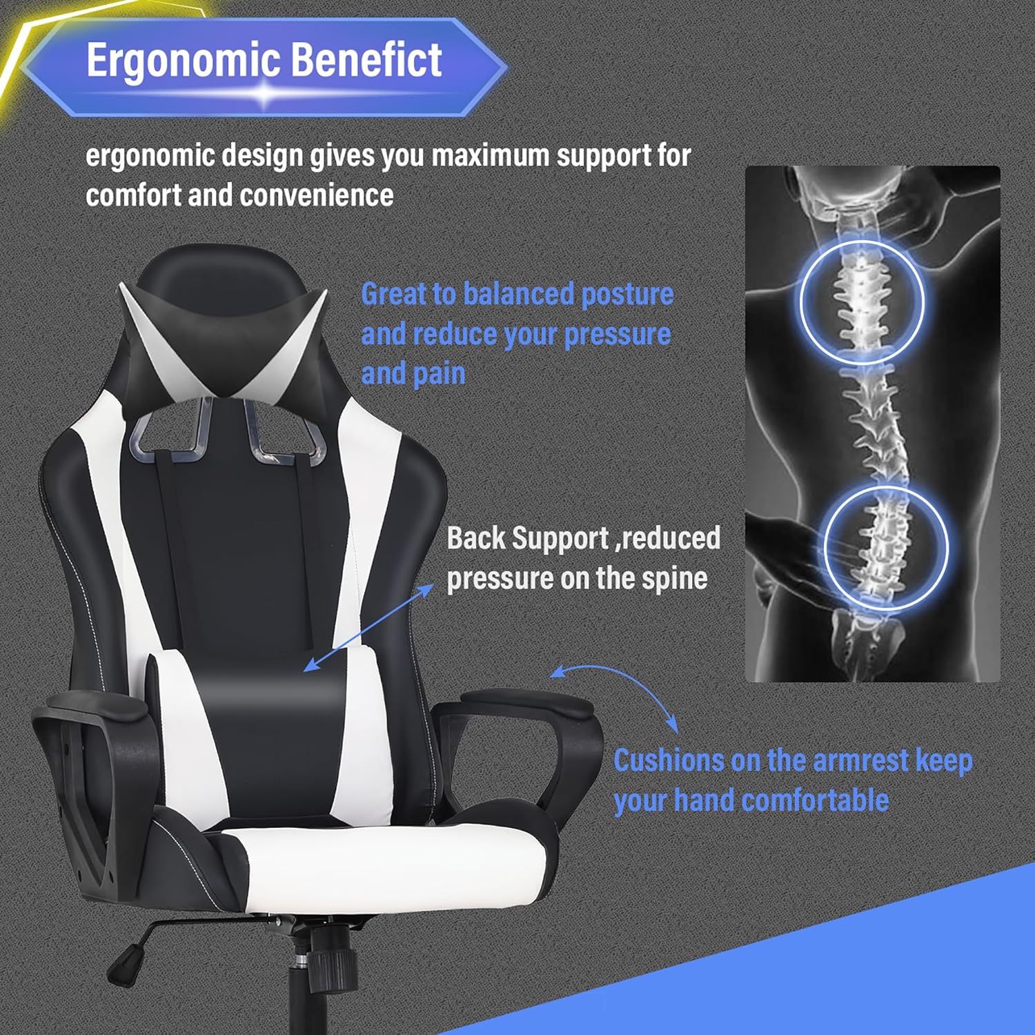 Faux Leather Seat Reclining Ergonomic Gaming Chair with Adjustable Arms
