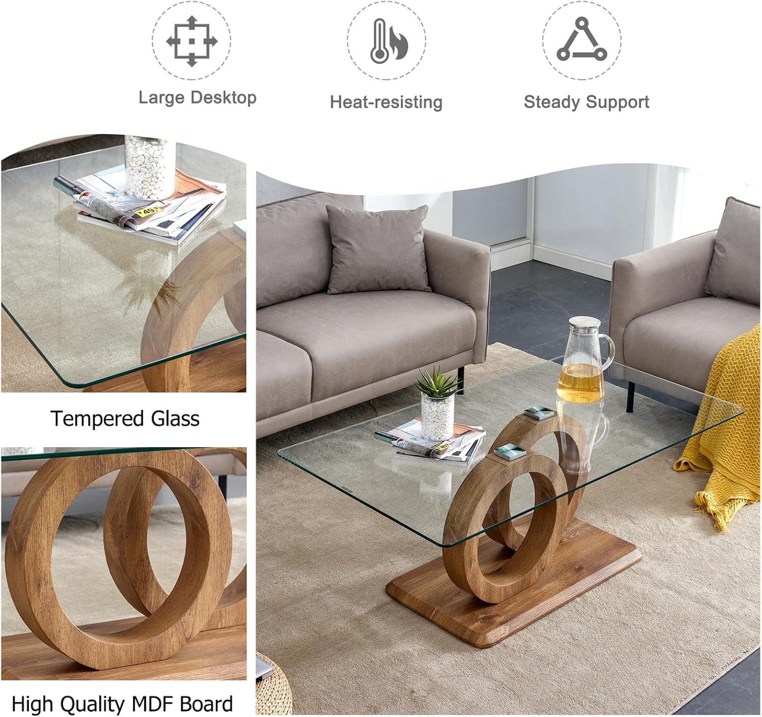 Wood Coffee Table, Coffee Table with Tempered Glass Top, Coffee Table with OO Structure and MDF Base