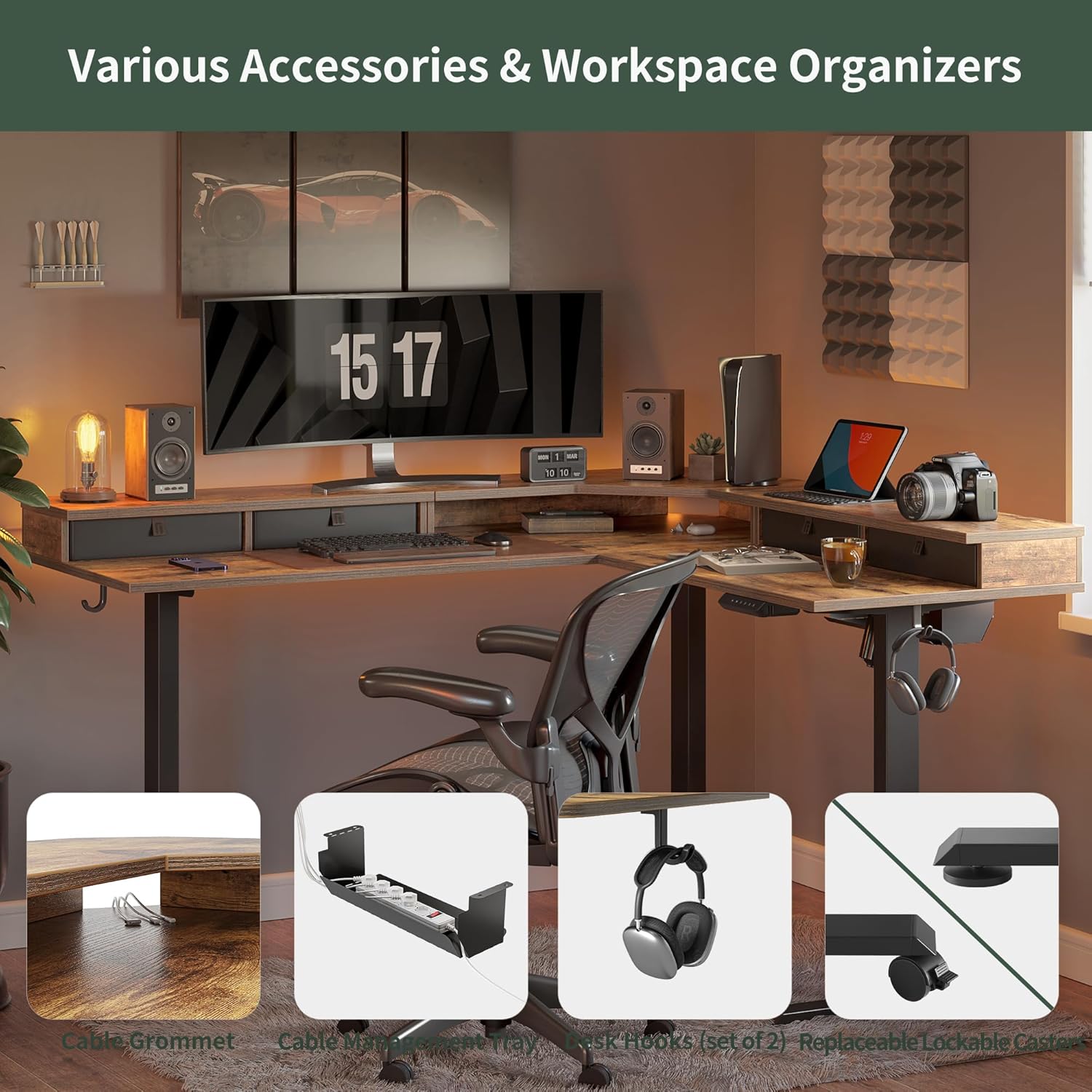 63" L Shaped Standing Desk with Drawers, Electric Adjustable Height Standing Gaming Desk L Shape