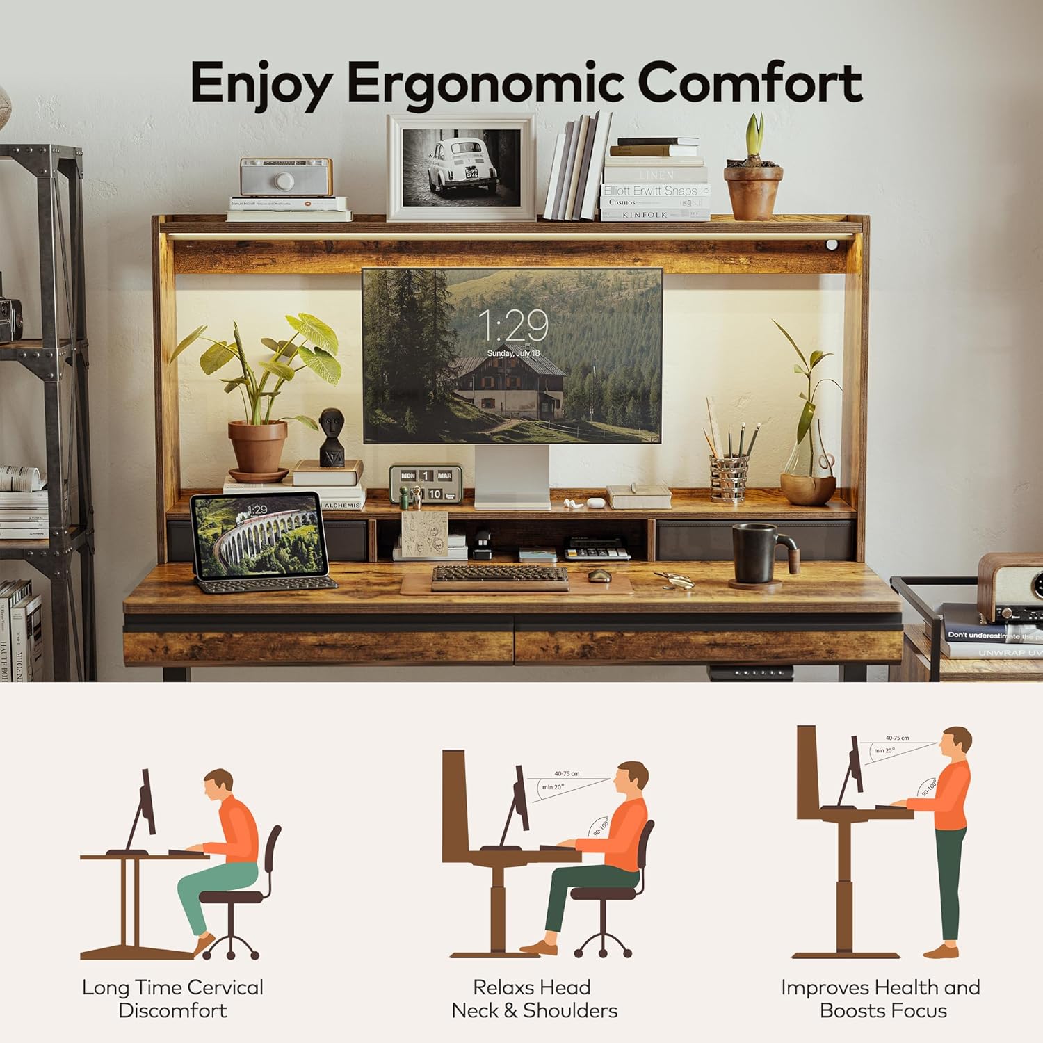 55 x 27.5 Inches Electric Standing Desk with Open Shelf&LED Strip, Adjustable Height Sit Stand Up Desks with 4 Drawers