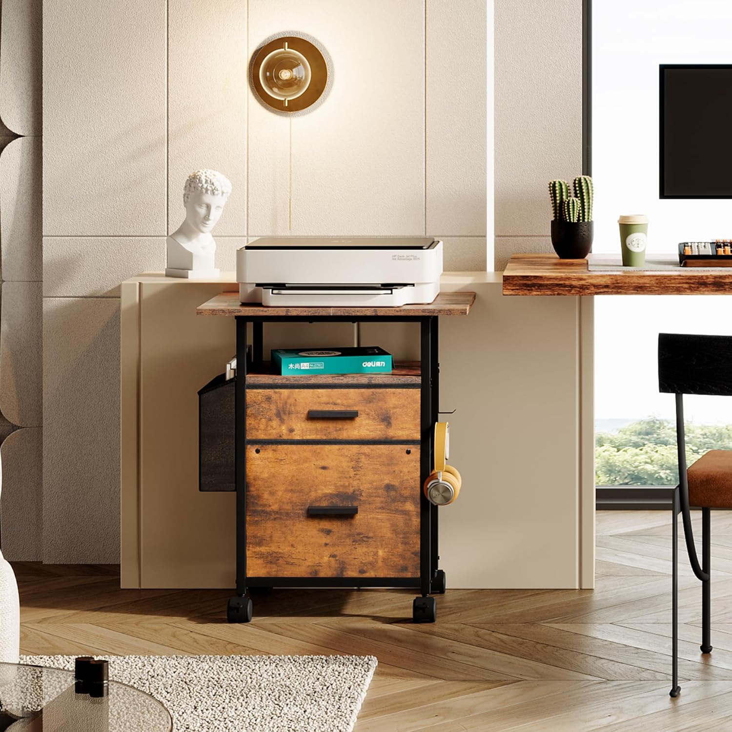 File Cabinet Printer Stand, Mobile Filing Cabinet with 2 Storage Drawers, for Hanging A4, Letter Size File Folders