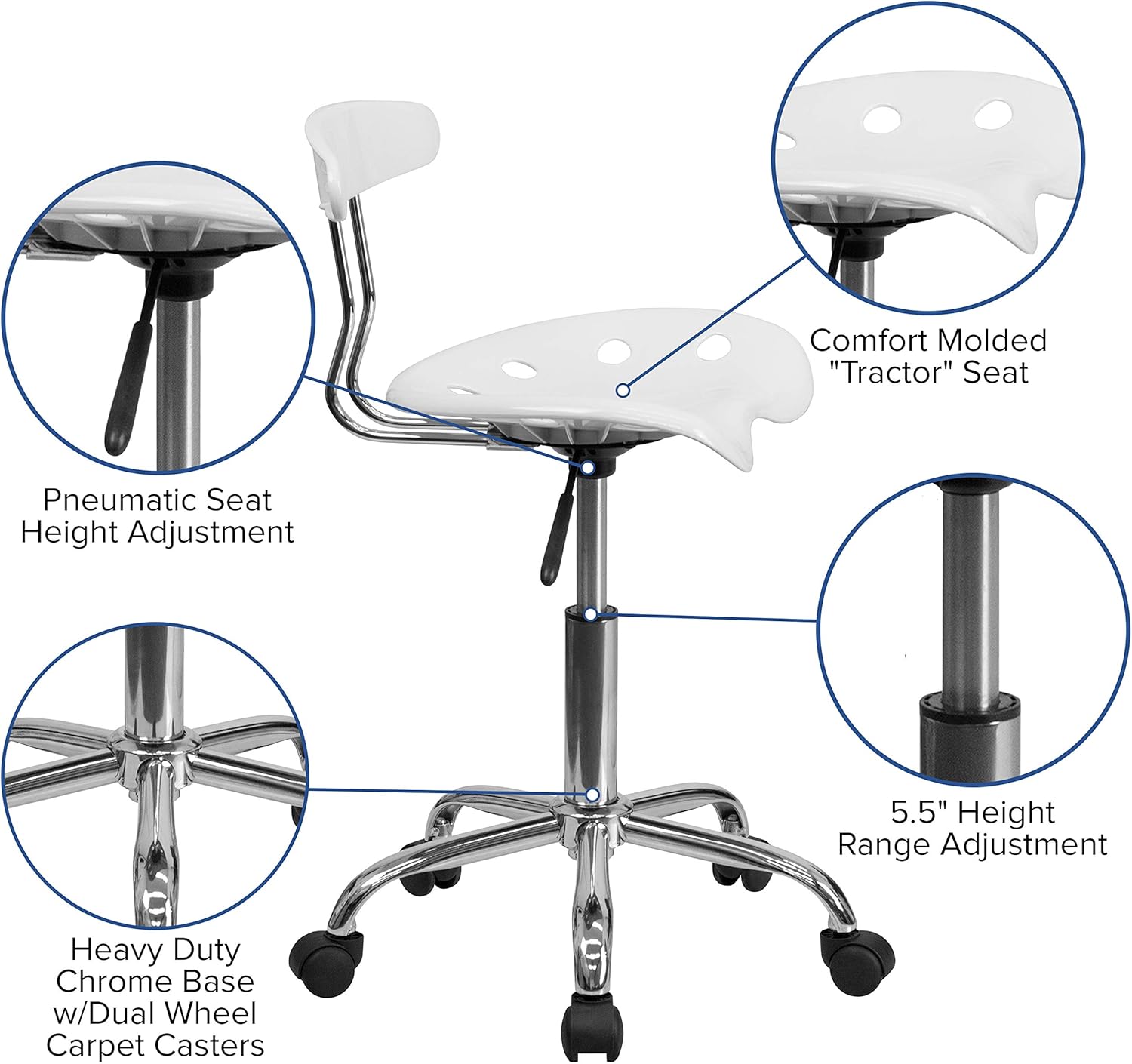 White and Chrome Swivel Task Office Chair with Tractor Seat