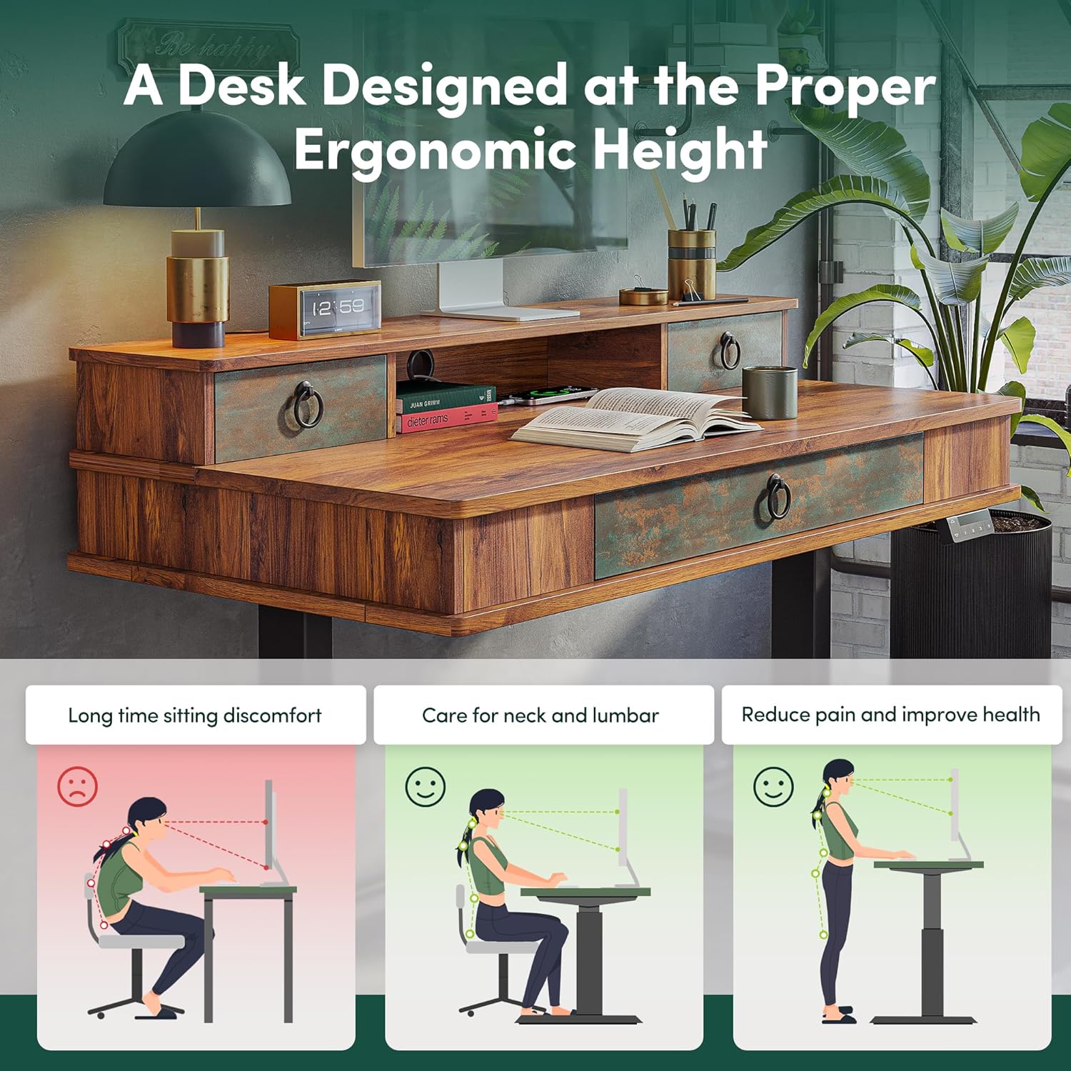 48 x 24 inches Whole-Piece Standing Desk Adjustable Height with 3 Drawers