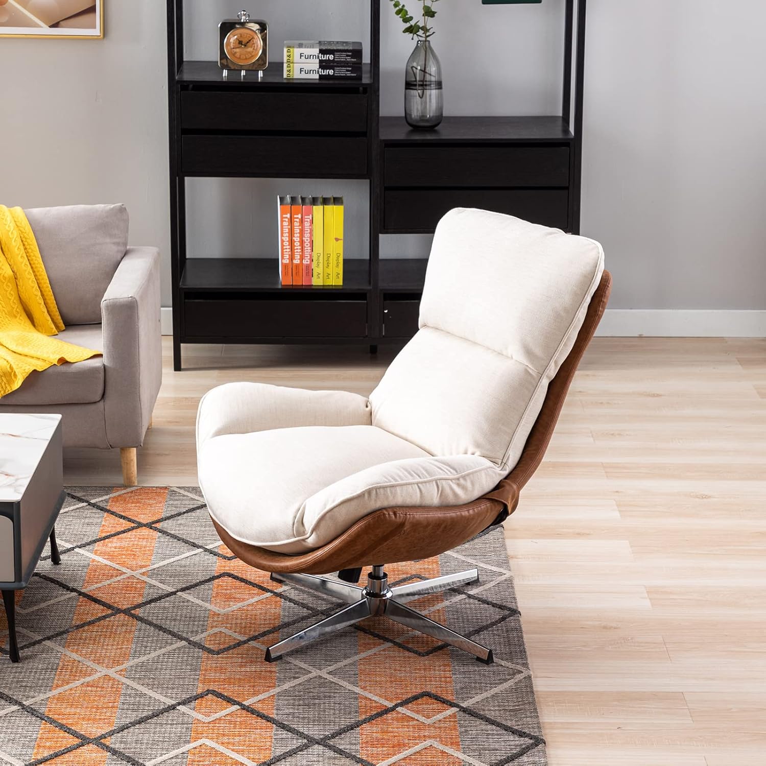 Swivel Accent Chair, Modern Linen Soft Foam Lounge Chair with High Back