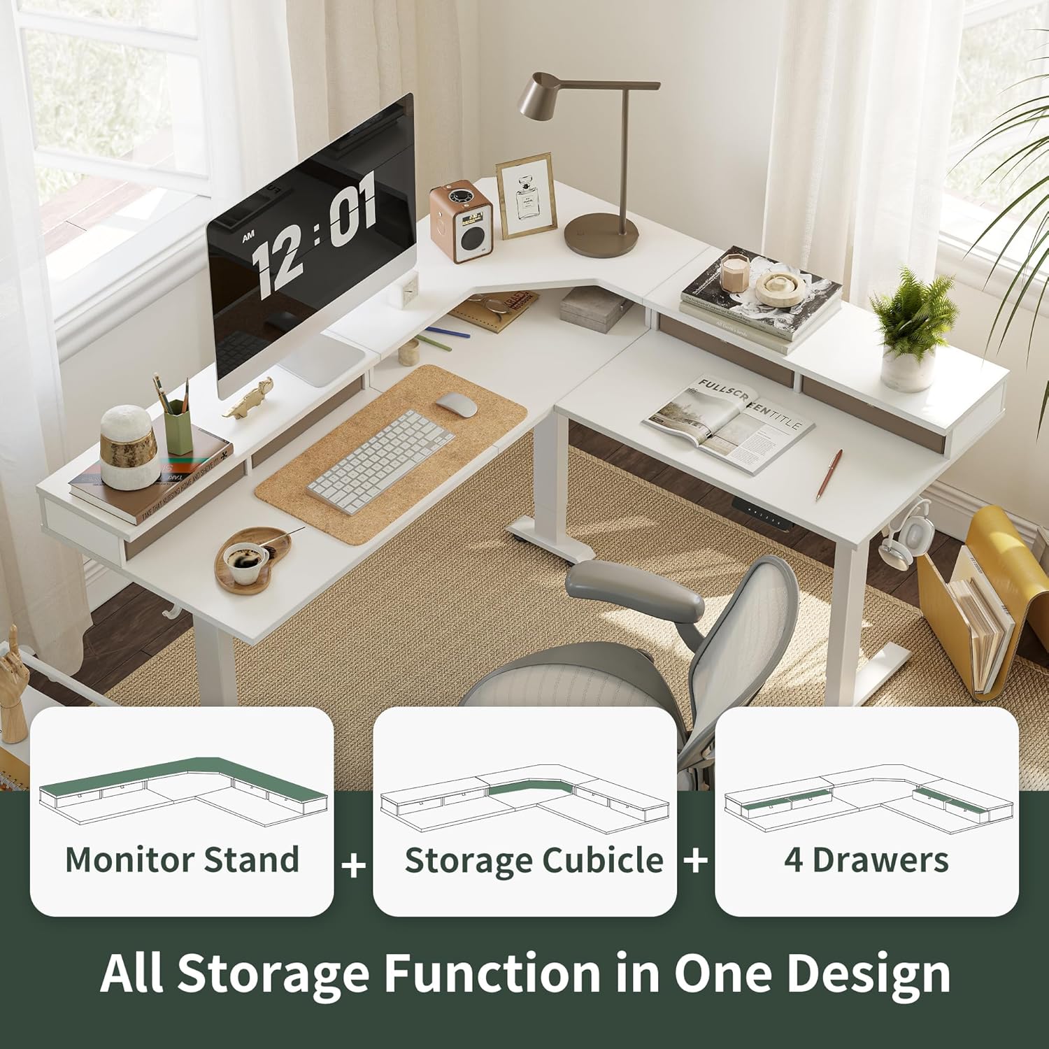 63" L Shaped Standing Desk with 4 Drawers, Electric Standing Gaming Desk Adjustable Height