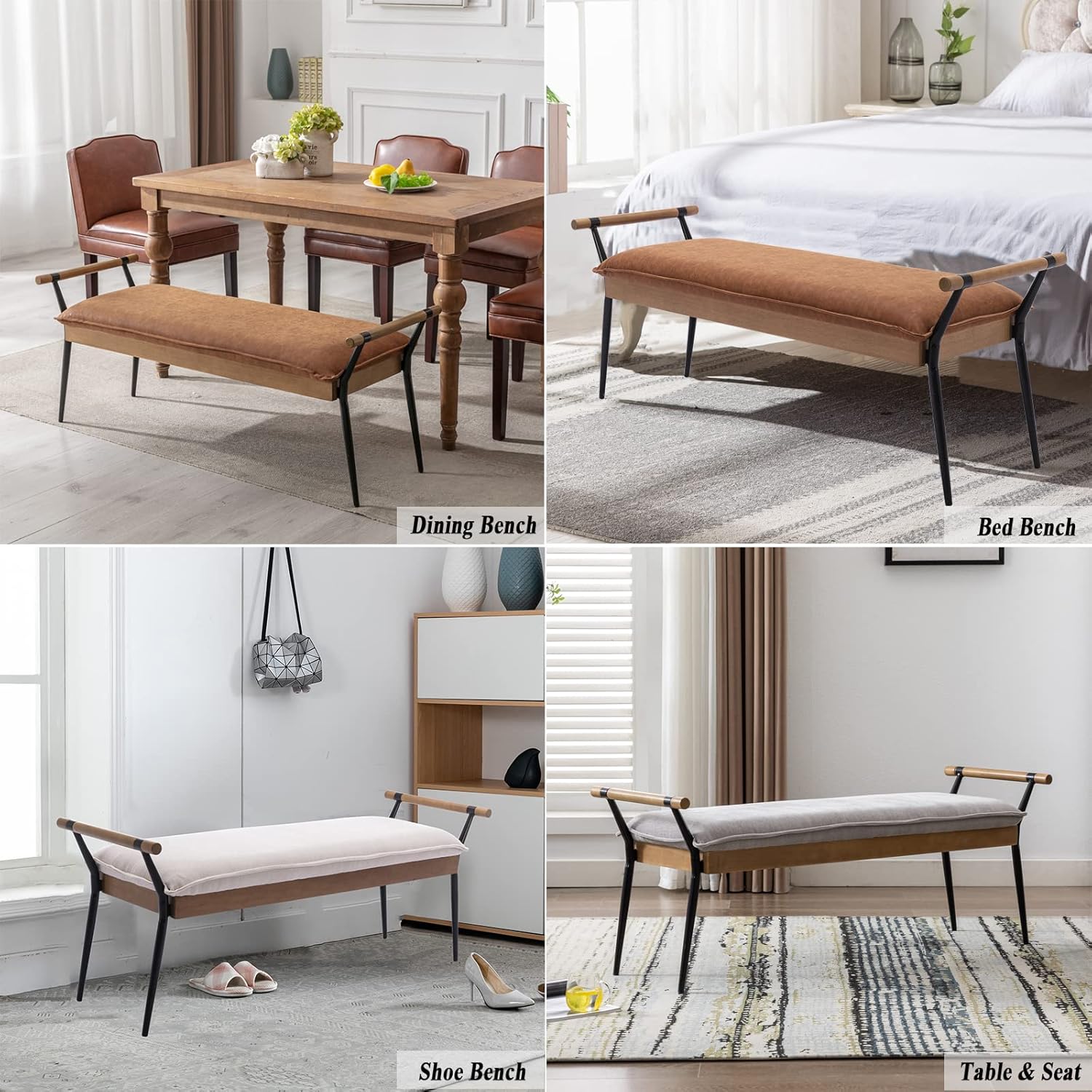 Modern Rectangle Ottoman Bench with Arms and Metal Legs