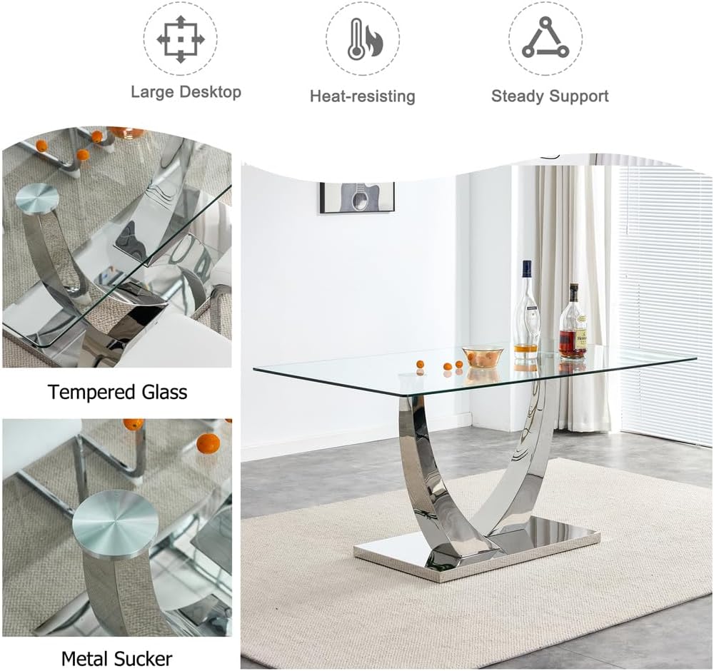 71'' Glass Dining Table Set for 6,Tempered Glass Tabletop and Stainless Steel U-shaped Leg and Base