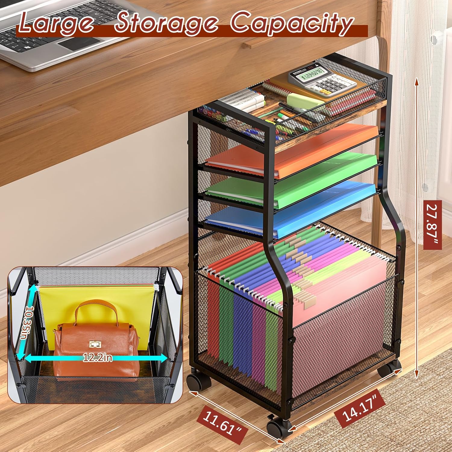 5-Tier Rolling File Cart with Hanging File Folders, Mobile Desk File Organizer on Lockable Wheels