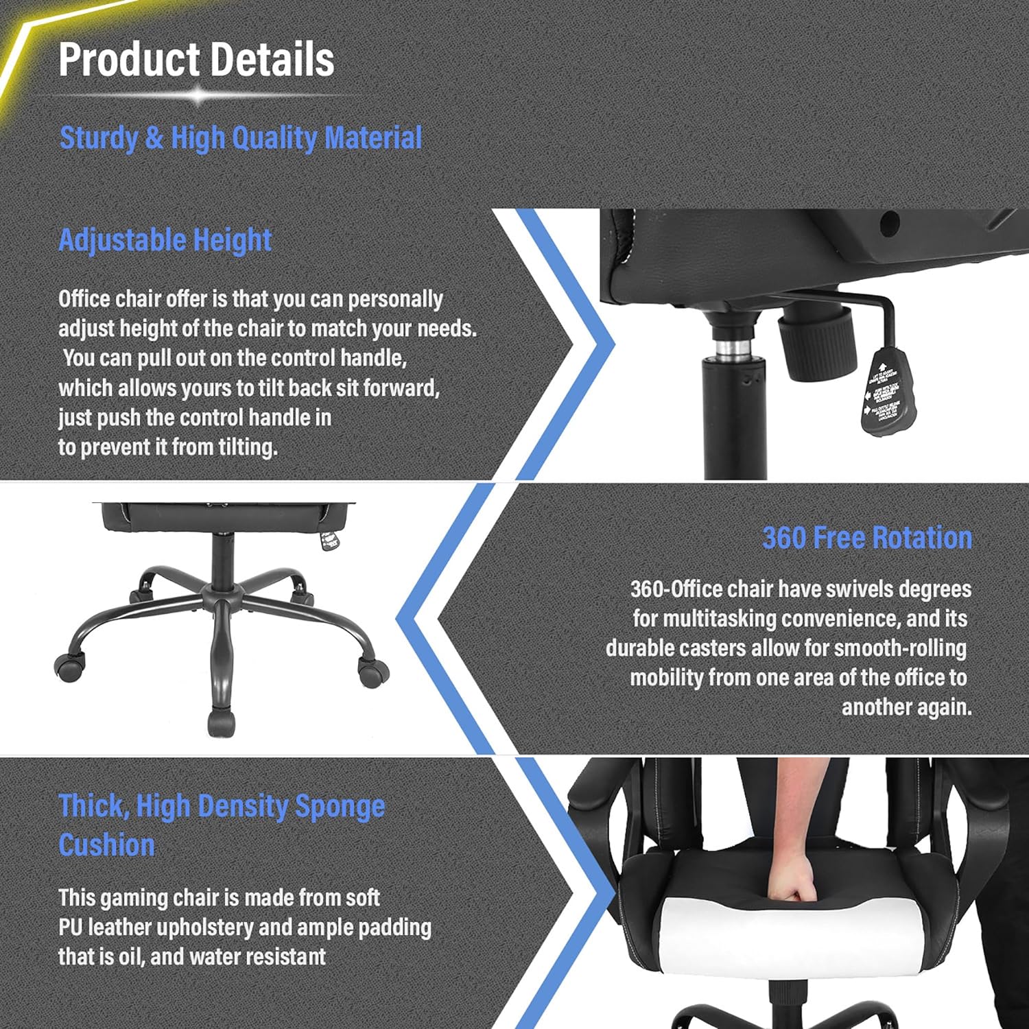 Faux Leather Seat Reclining Ergonomic Gaming Chair with Adjustable Arms
