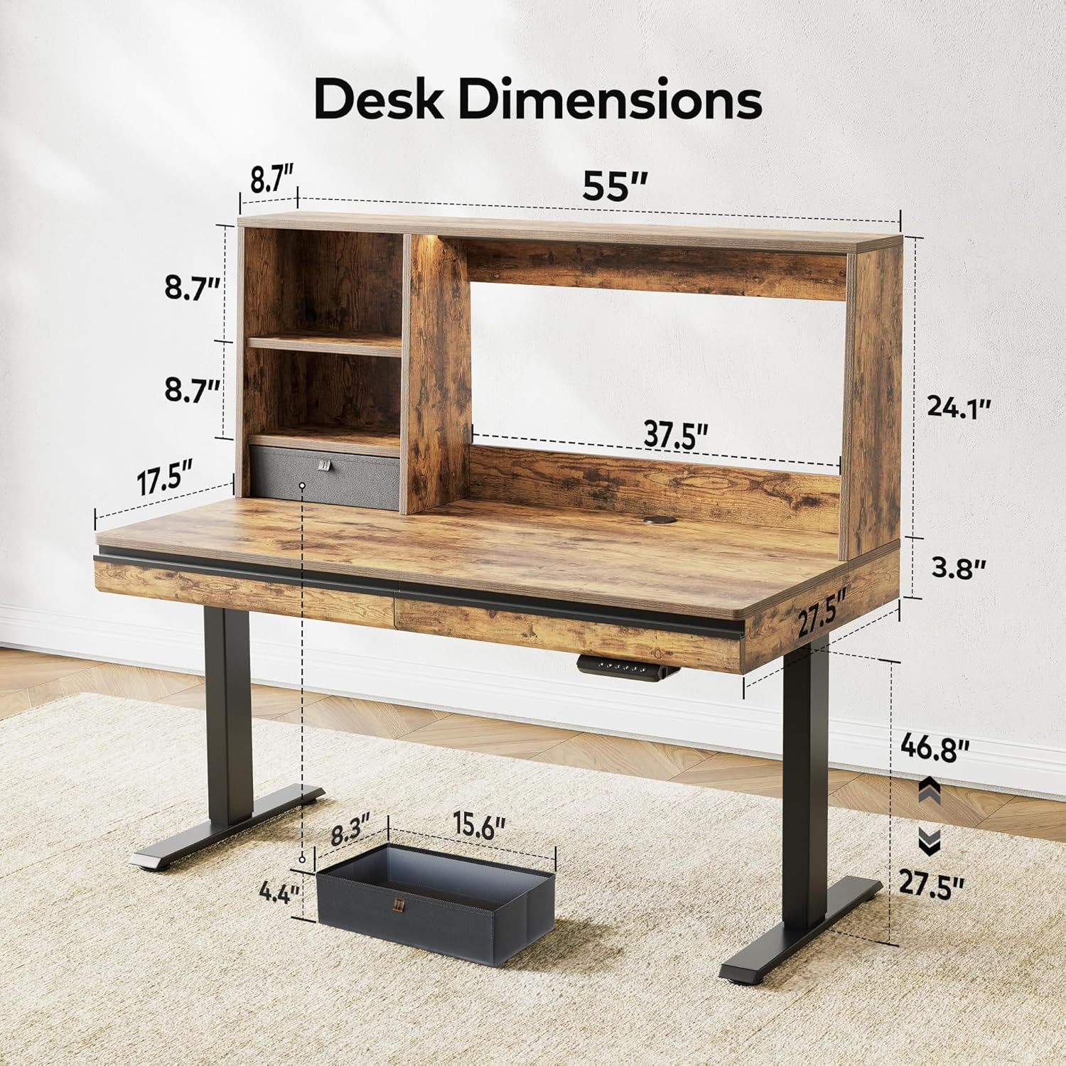 55 x 27.5 Inches Electric Standing Desk with Open Shelf&LED Strip, Adjustable Height Sit Stand Up Desks with 3 Drawers