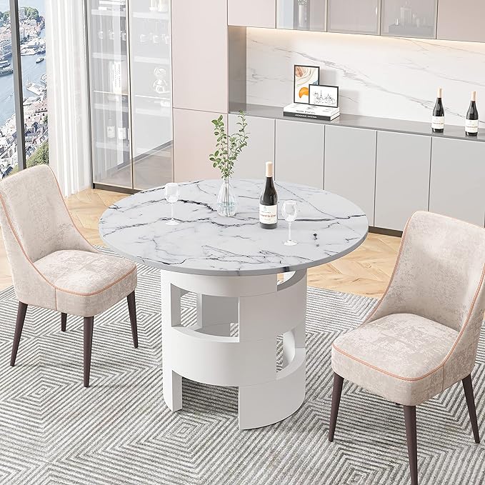 42.12" White Round Dinning Table Printed Marble MDF Table Top Hollow Cylindrical Base Pedestal Table