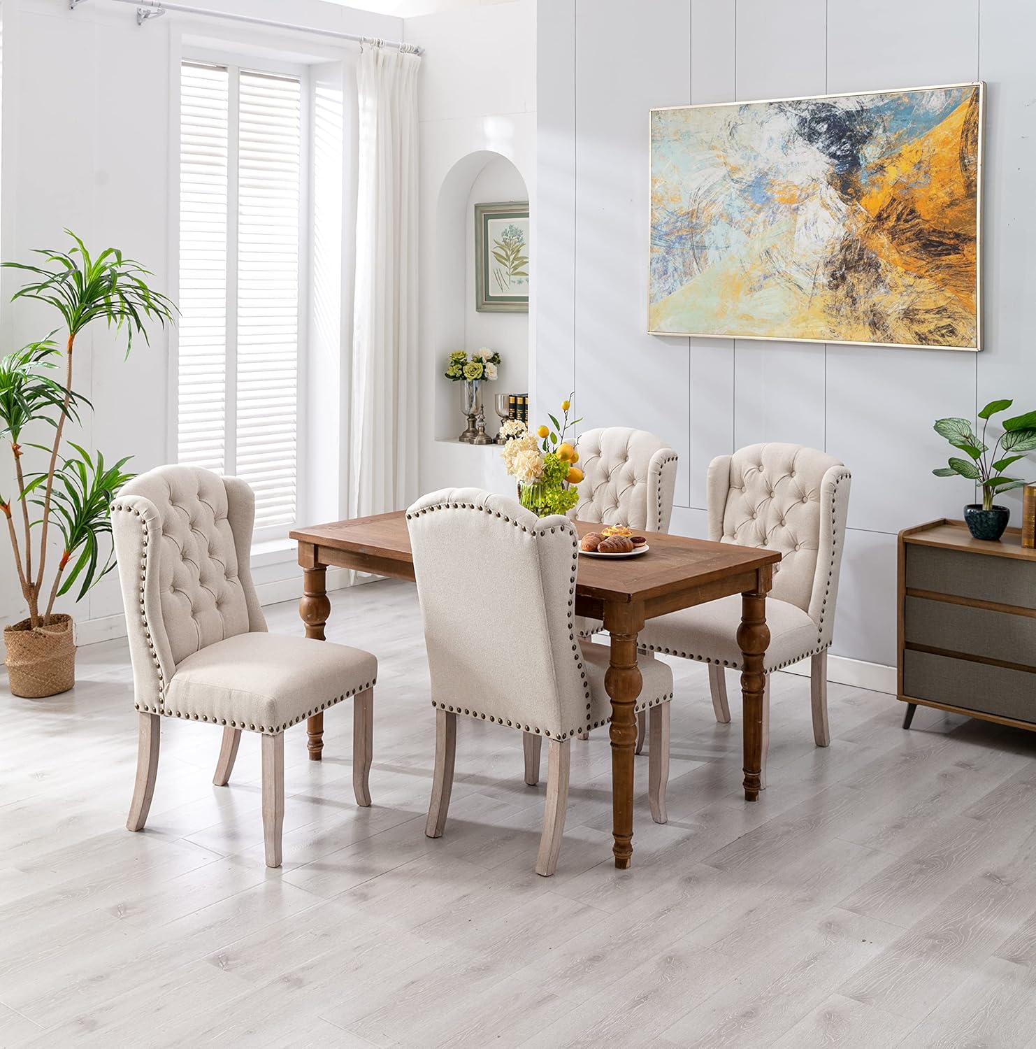 Modern Tufted Dining Chairs Set of 2, Linen Upholstered Dining Room Chairs