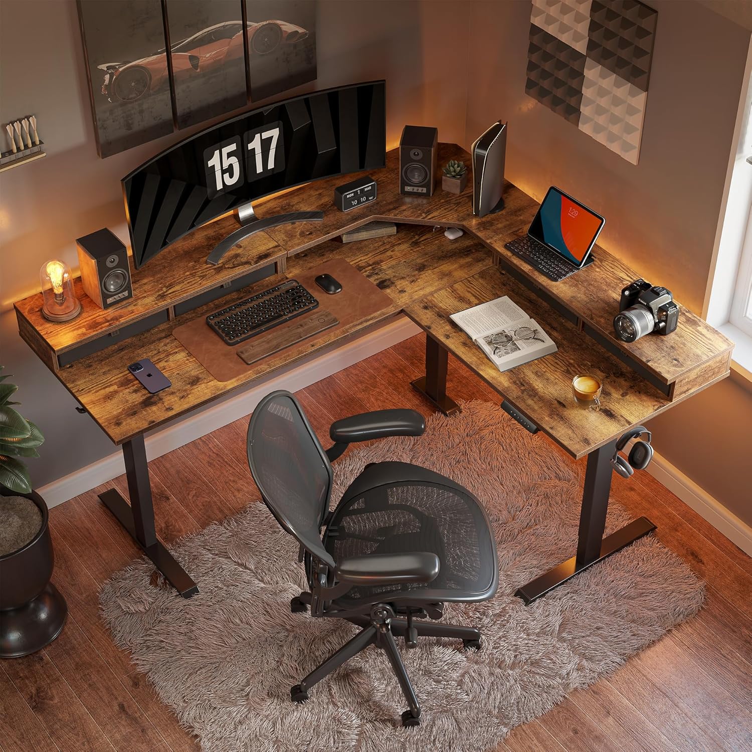 63" L Shaped Standing Desk with Drawers, Electric Adjustable Height Standing Gaming Desk L Shape