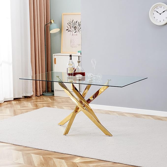 63" Rectangular Glass Dining Table with 0.39-Inch Clear Tempered Glass and 4 Chrome Legs