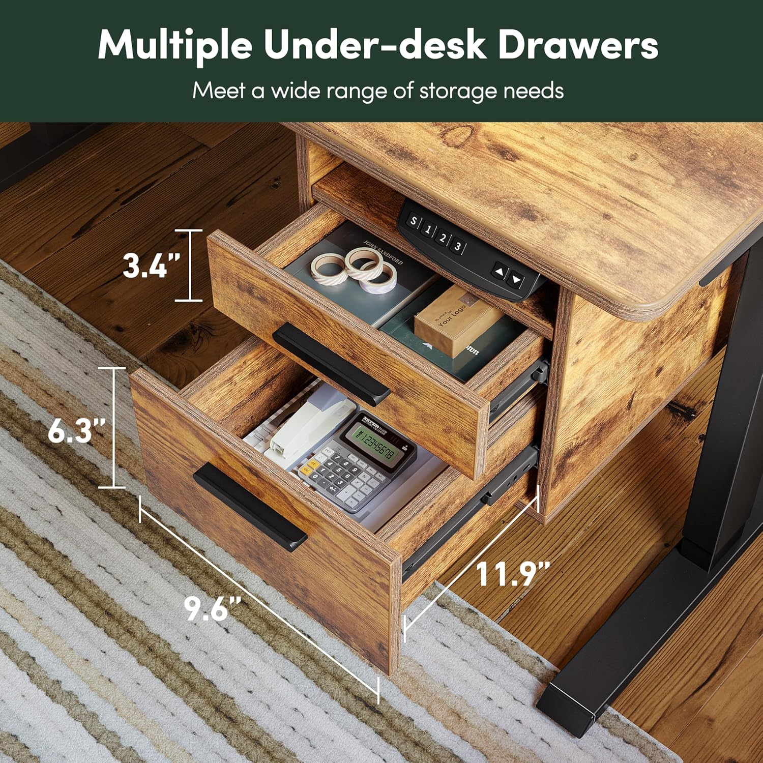 Whole-Piece Electric Standing Desk Adjustable Height with 3 Drawers, 48 x 24 inches Stand up Desk with Monitor Shelf