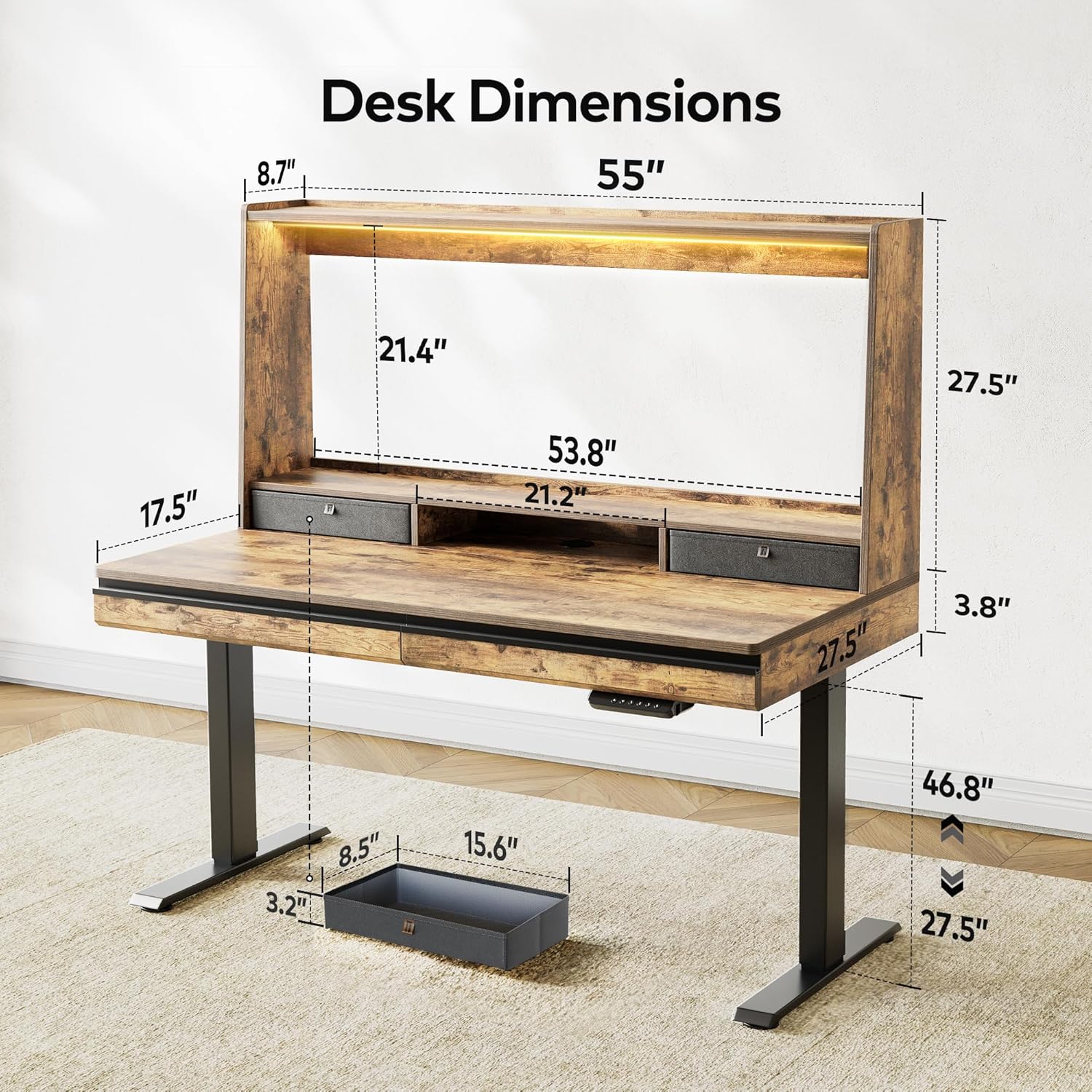 55 x 27.5 Inches Electric Standing Desk with Open Shelf&LED Strip, Adjustable Height Sit Stand Up Desks with 4 Drawers