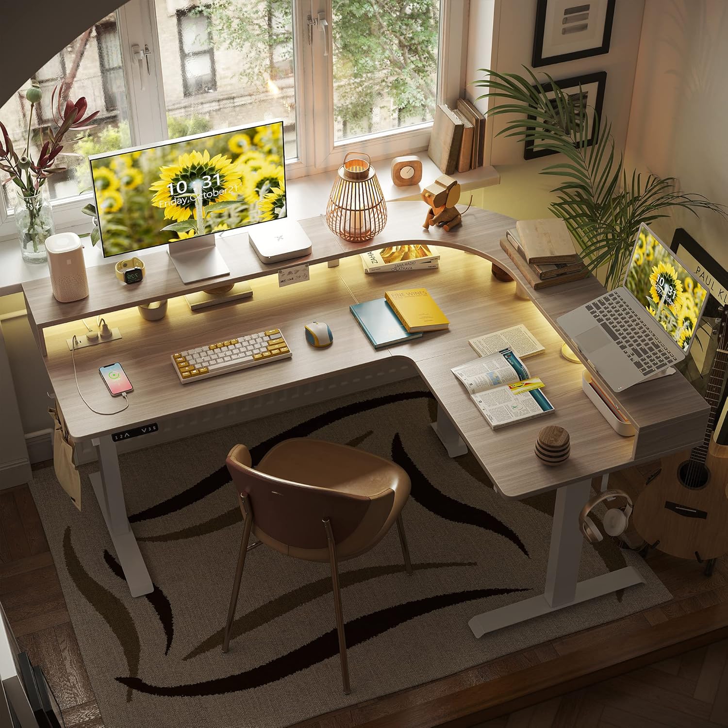 Triple Motor L Shaped Stadning Desk with LED Strip & Power Outrlets，63 inches Height Adjustable Stand up Corner Desk