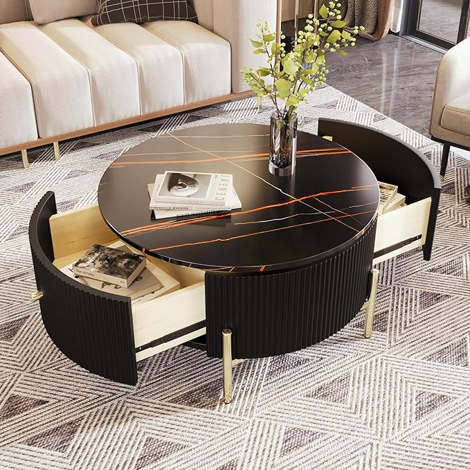 31.5" Modern Round Coffee Table with 2 Drawers