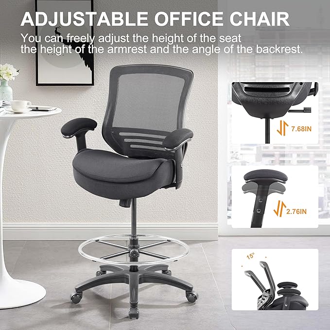 Drafting Chair with Extra Seat Cushion Tall Office Chair with Soft Armrests Executive Computer Standing Desk Chair