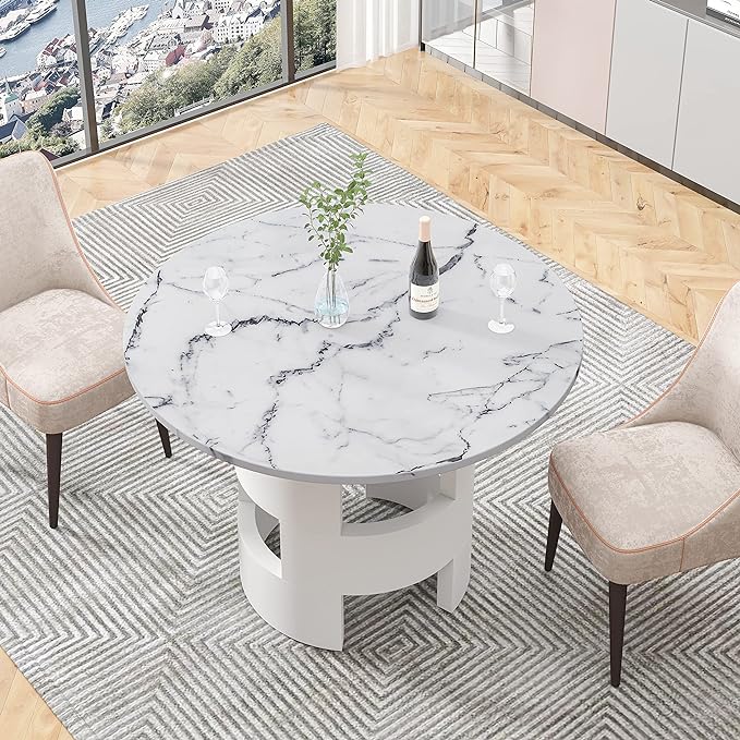 42.12" White Round Dinning Table Printed Marble MDF Table Top Hollow Cylindrical Base Pedestal Table